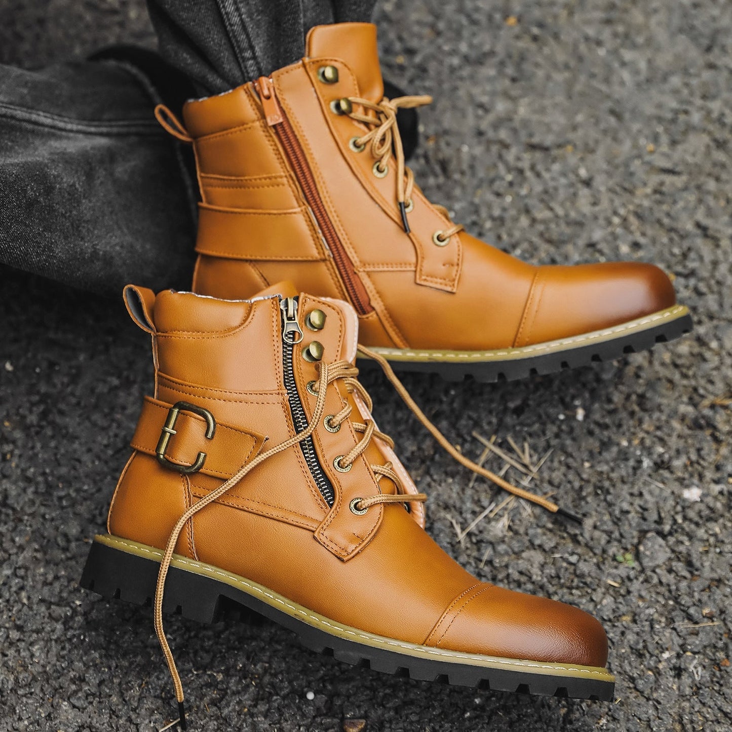 Girolamo | メンズコンバットブーツ – レザー – アンクル丈 – レースアップ – サイドジッパー – バックル付き – プロファイルソール