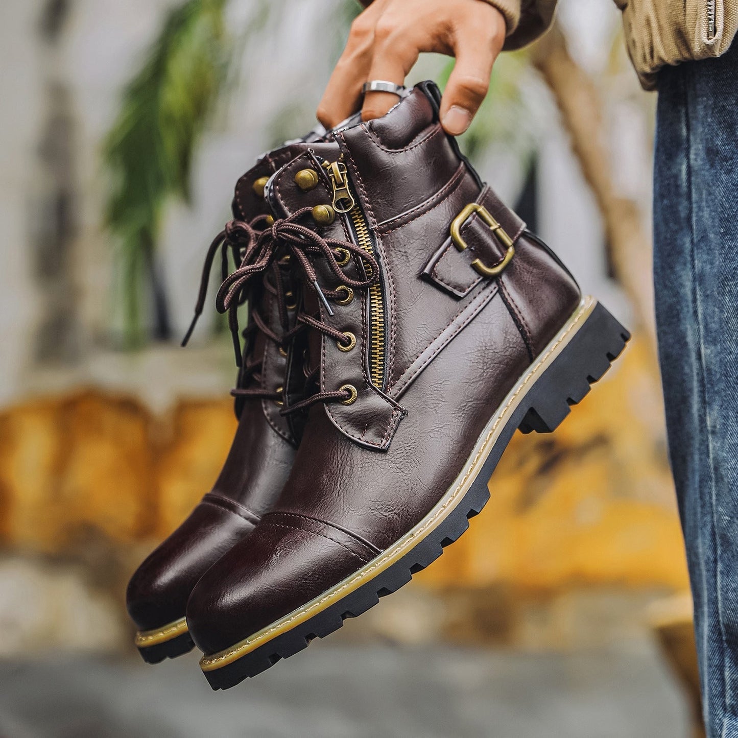 Girolamo | メンズコンバットブーツ – レザー – アンクル丈 – レースアップ – サイドジッパー – バックル付き – プロファイルソール