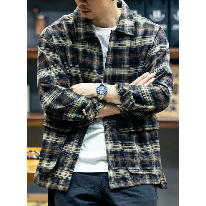 ENSHIN | コットン長袖ルーズチェックシャツ P0525