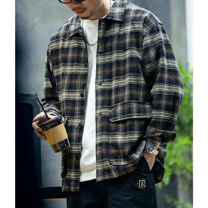 ENSHIN | コットン長袖ルーズチェックシャツ P0525
