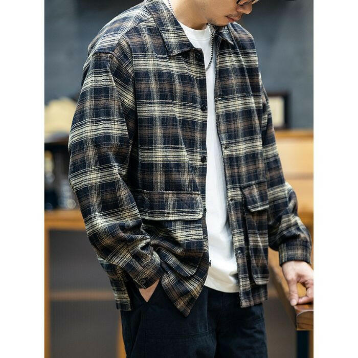 ENSHIN | コットン長袖ルーズチェックシャツ P0525
