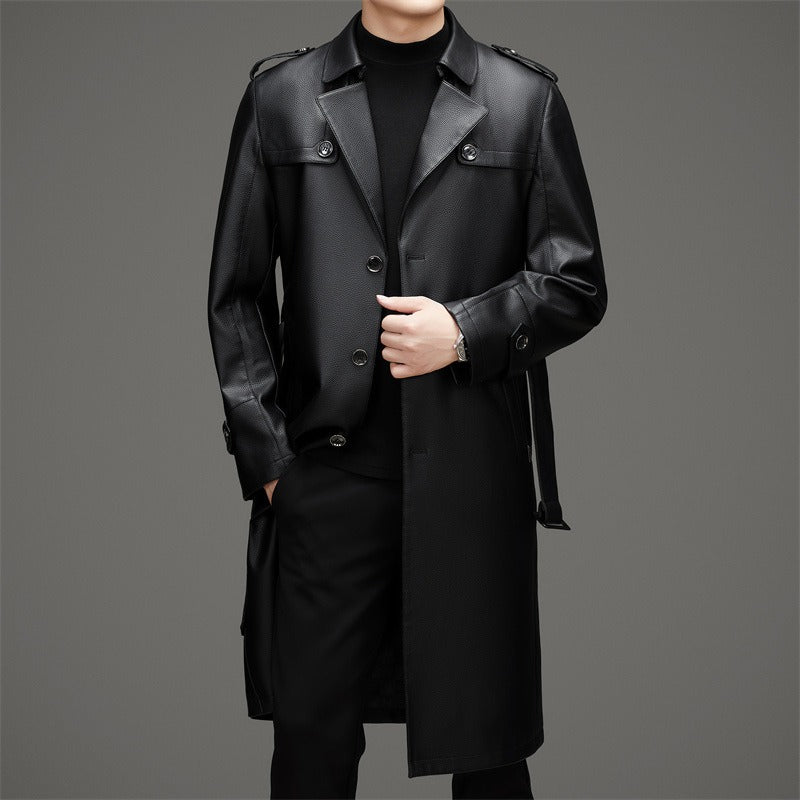 Marcello | メンズトレンチコート – スリムフィット – レザー構造 – シングルボタン – ロング丈