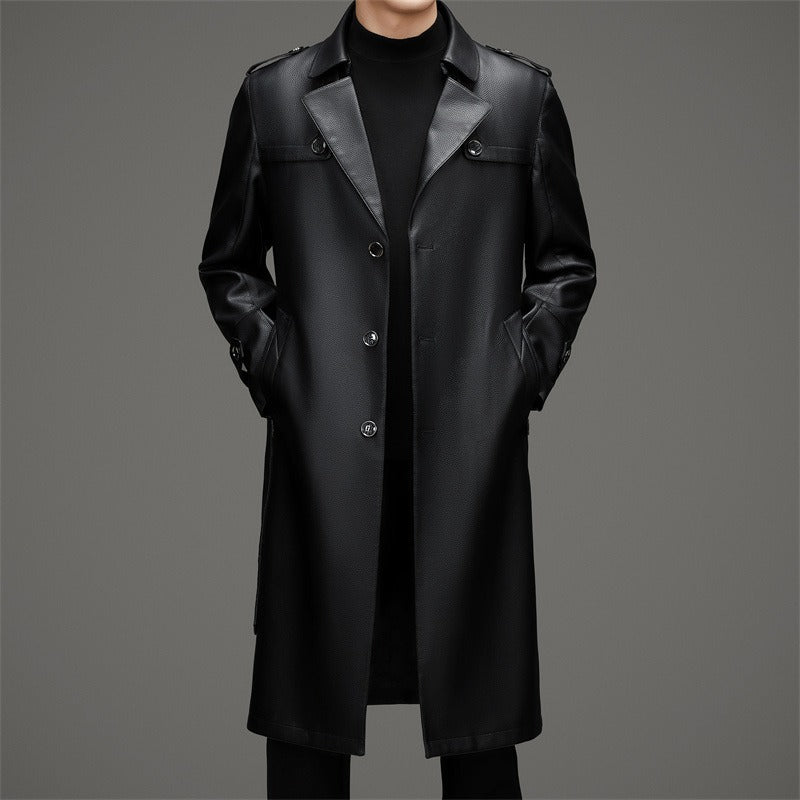 Marcello | メンズトレンチコート – スリムフィット – レザー構造 – シングルボタン – ロング丈