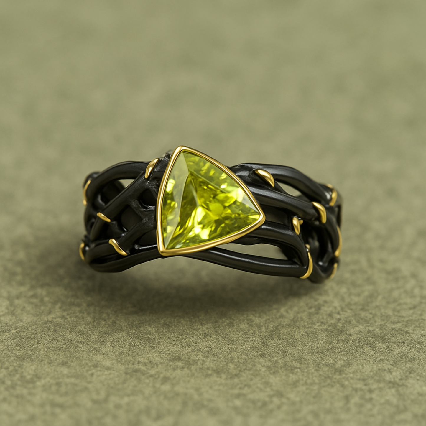 黒い金糸のリングと緑の宝石