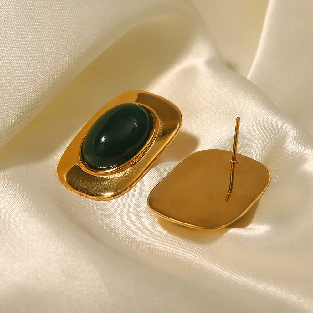 ヴィンテージ 18K ゴールドメッキ グリーンオパール オーバルピアス