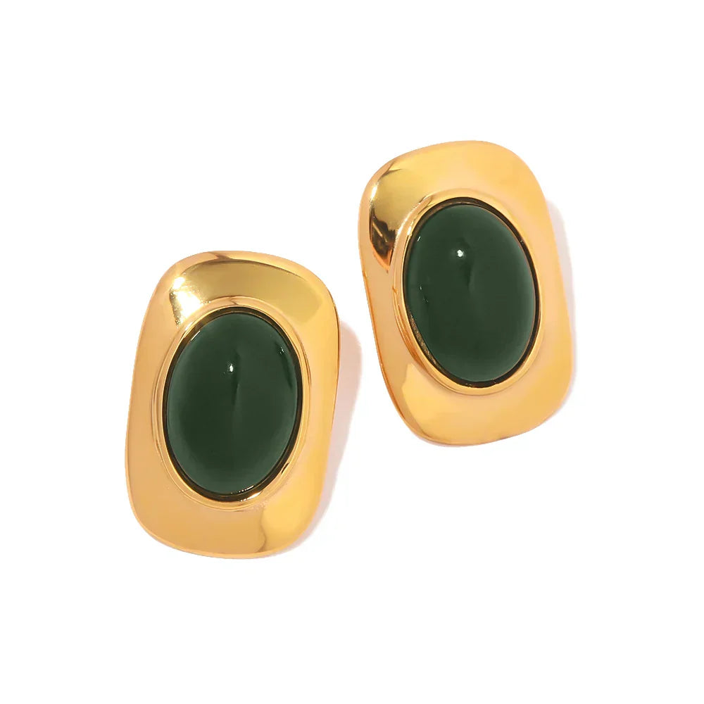 ヴィンテージ 18K ゴールドメッキ グリーンオパール オーバルピアス