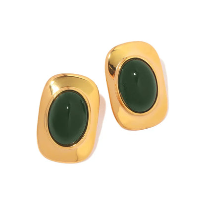 ヴィンテージ 18K ゴールドメッキ グリーンオパール オーバルピアス