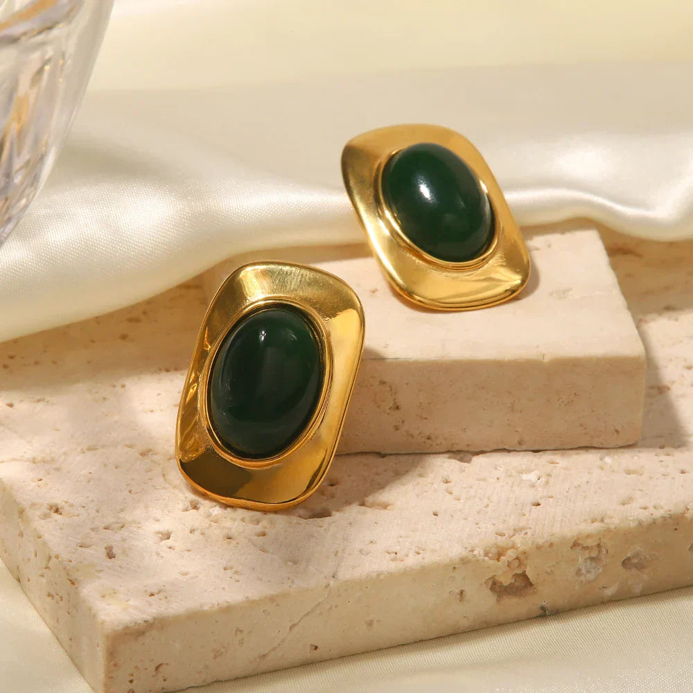 ヴィンテージ 18K ゴールドメッキ グリーンオパール オーバルピアス