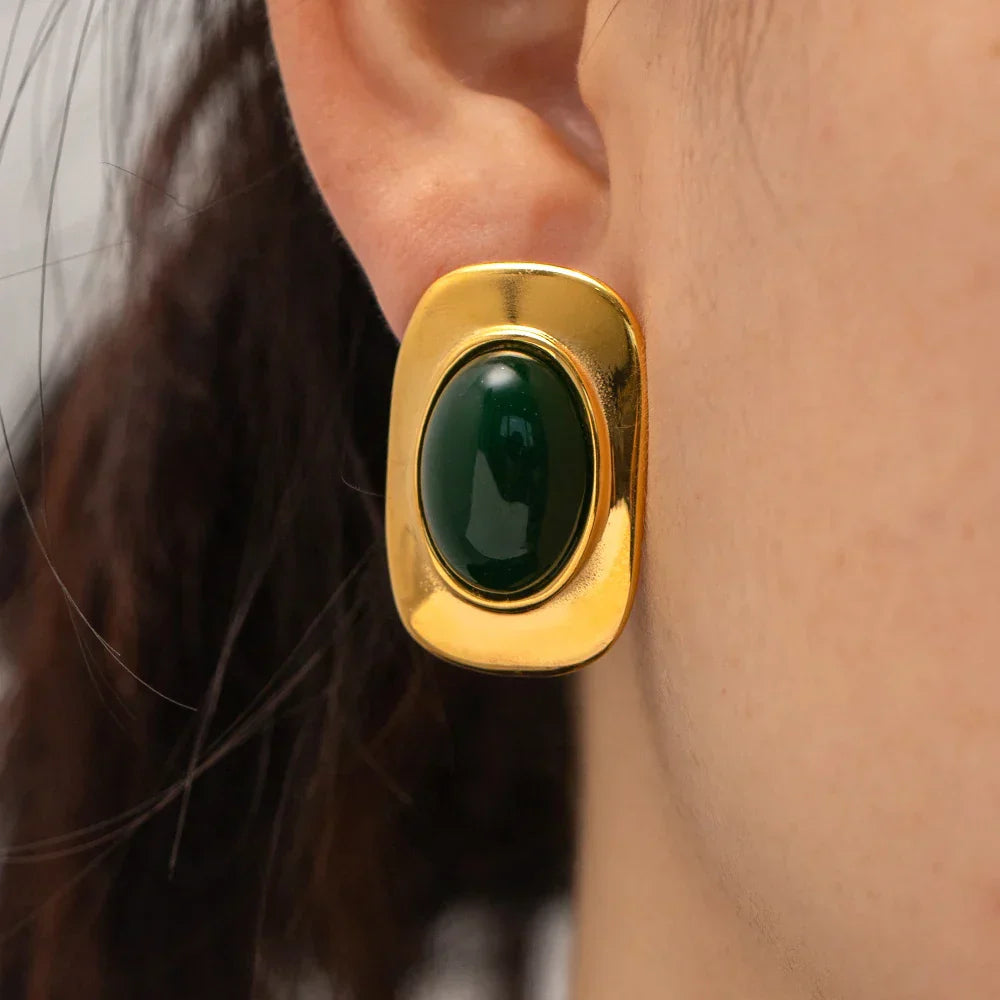 ヴィンテージ 18K ゴールドメッキ グリーンオパール オーバルピアス
