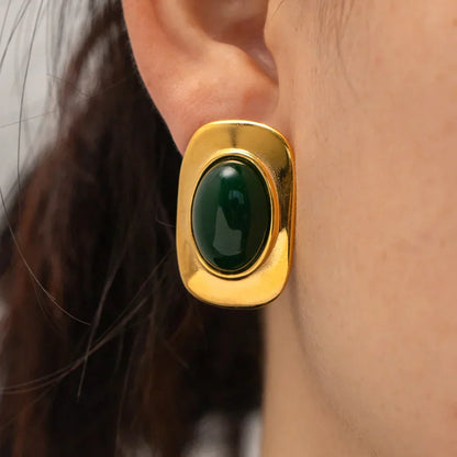 ヴィンテージ 18K ゴールドメッキ グリーンオパール オーバルピアス
