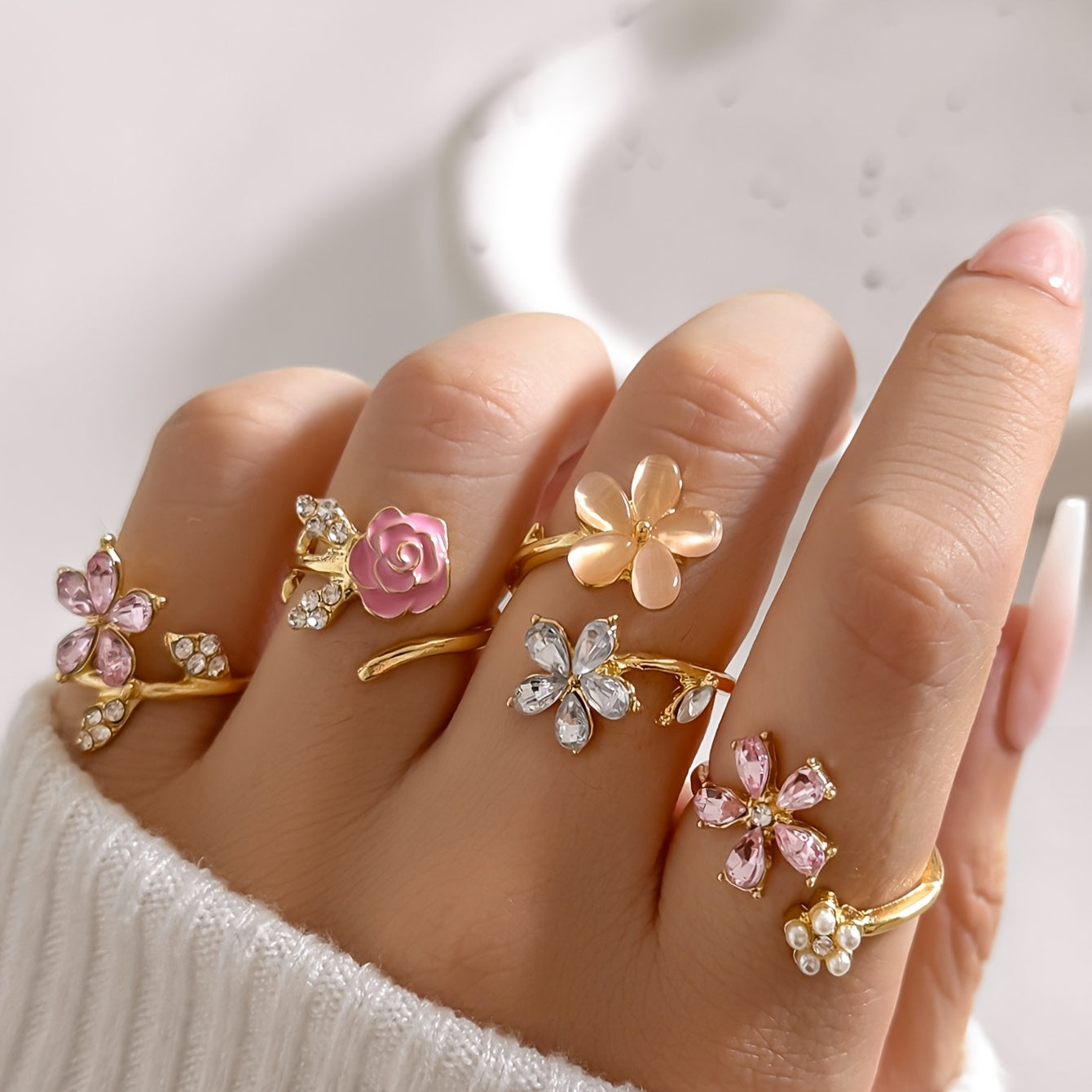 合金ストーンパールリングセット