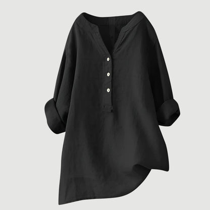 裕子™ – 通気性が良く快適なリネンシャツ（ボタン付き）